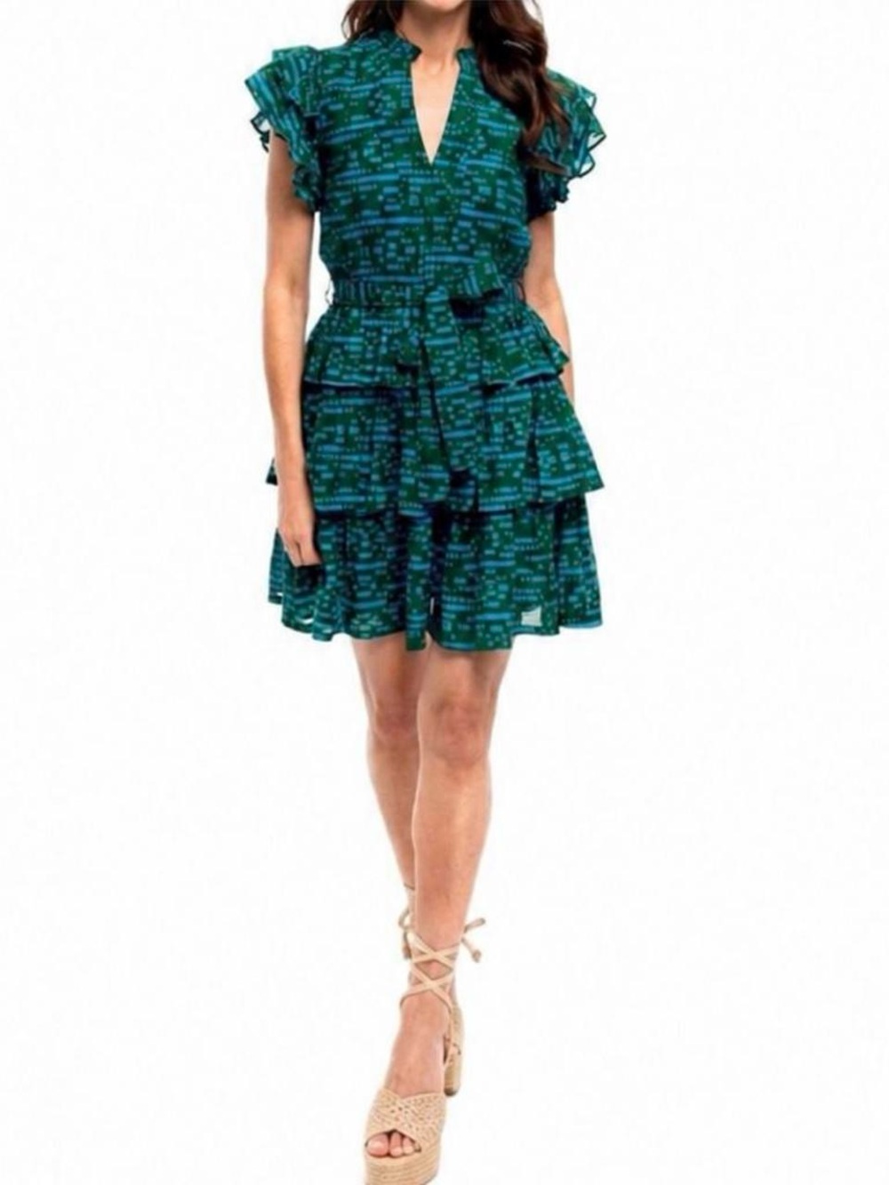 Briton Court Delilah tiered ruffle dress in‎ emerald with tie waist women’s med